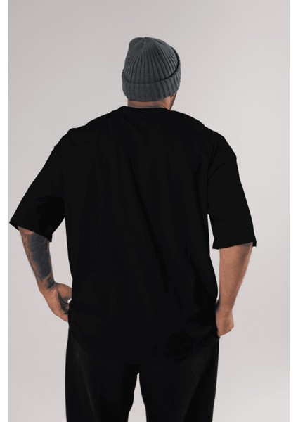 Siyah Relaxed Oversize T-Shirt Erkek Kadın Bisiklet Yaka Baskısız Tişort