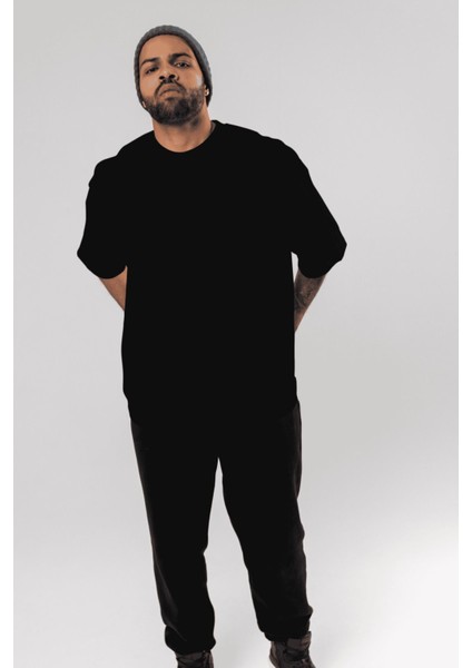 Siyah Relaxed Oversize T-Shirt Erkek Kadın Bisiklet Yaka Baskısız Tişort