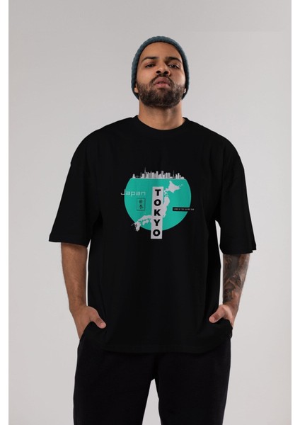 Japan Tokyo Ön Baskılı Siyah Oversize T-Shirt Erkek Kadın Bisiklet Yaka