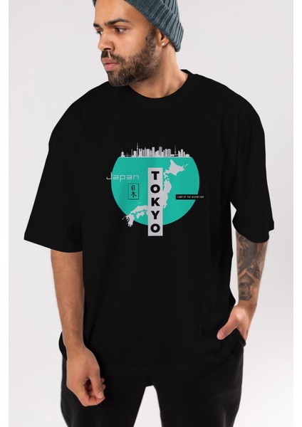 Japan Tokyo Ön Baskılı Siyah Oversize T-Shirt Erkek Kadın Bisiklet Yaka fırsatları