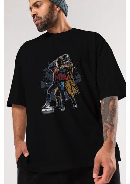 Back To The Beat Ön Baskılı Siyah Oversize T-Shirt Erkek Kadın Bisiklet Yaka