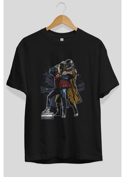 Back To The Beat Ön Baskılı Siyah Oversize T-Shirt Erkek Kadın Bisiklet Yaka