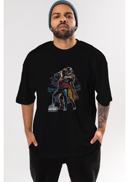 Back To The Beat Ön Baskılı Siyah Oversize T-Shirt Erkek Kadın Bisiklet Yaka