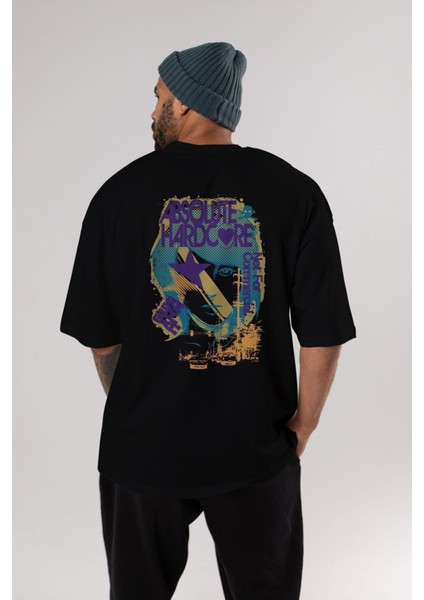 Absolute Hardcore Arka Baskılı Siyah Oversize T-Shirt Erkek Kadın Bisiklet Yaka