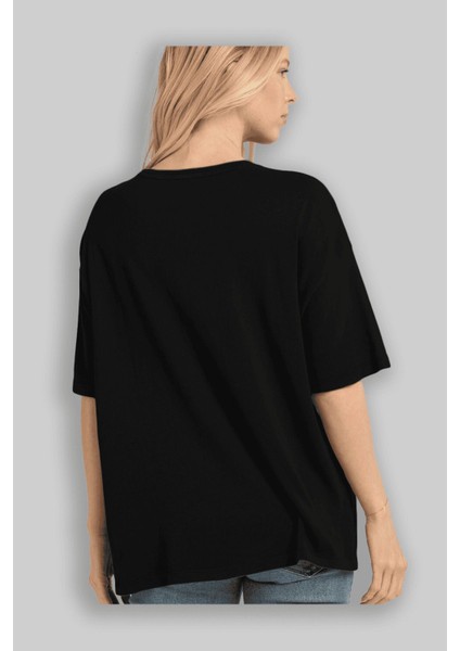 Siyah Relaxed Oversize T-Shirt Erkek Kadın Bisiklet Yaka Baskısız Tişort