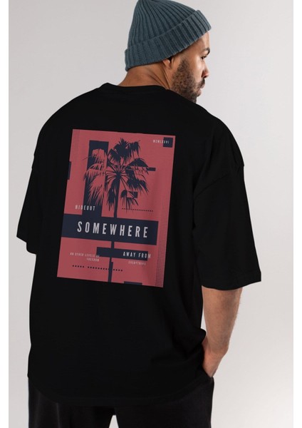 Hideout Somewhere Arka Baskılı Siyah Oversize T-Shirt Erkek Kadın Bisiklet Yaka