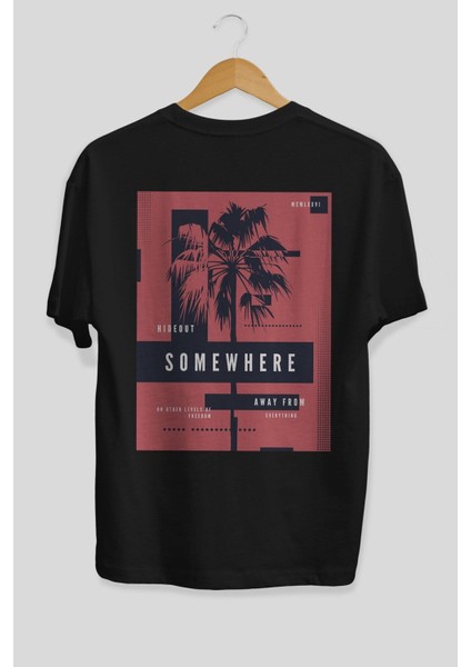 Hideout Somewhere Arka Baskılı Siyah Oversize T-Shirt Erkek Kadın Bisiklet Yaka fiyatları
