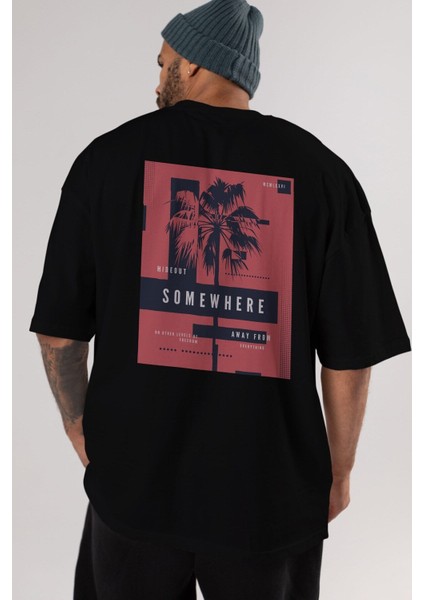 Hideout Somewhere Arka Baskılı Siyah Oversize T-Shirt Erkek Kadın Bisiklet Yaka fırsatları