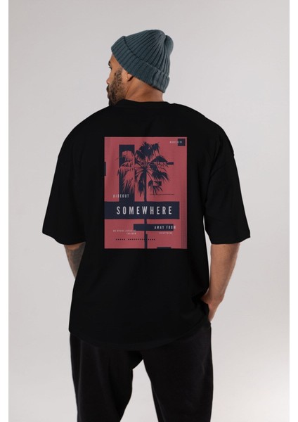 Hideout Somewhere Arka Baskılı Siyah Oversize T-Shirt Erkek Kadın Bisiklet Yaka indirimleri