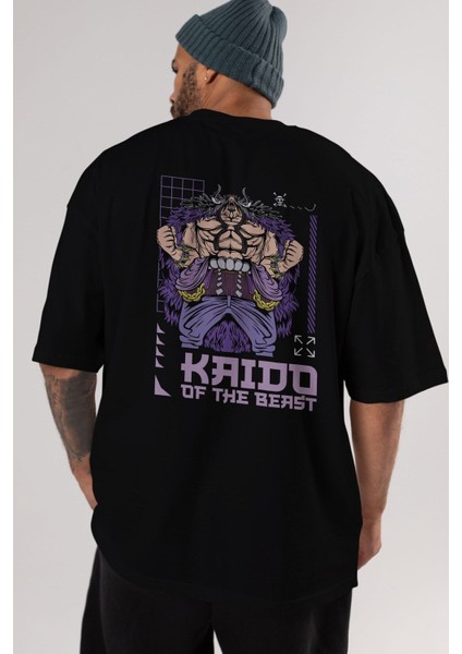 Kaido Of The Beast Arka Baskılı Siyah Oversize T-Shirt Erkek Kadın Bisiklet Yaka