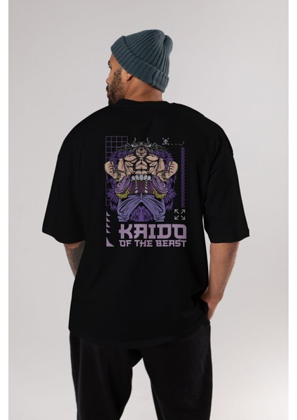 Kaido Of The Beast Arka Baskılı Siyah Oversize T-Shirt Erkek Kadın Bisiklet Yaka fiyatları