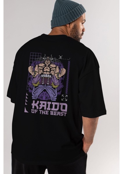Kaido Of The Beast Arka Baskılı Siyah Oversize T-Shirt Erkek Kadın Bisiklet Yaka modelleri