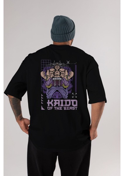 Kaido Of The Beast Arka Baskılı Siyah Oversize T-Shirt Erkek Kadın Bisiklet Yaka fırsatları