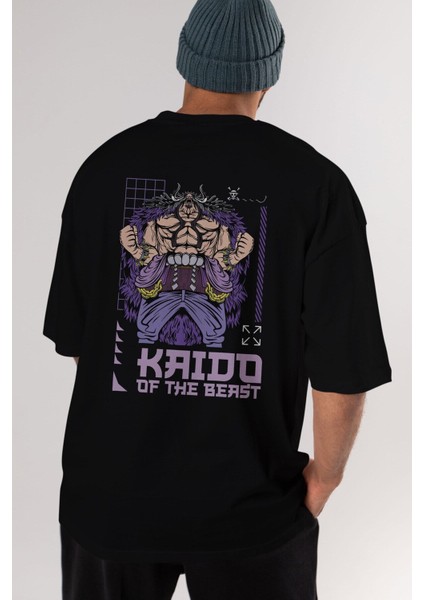 Kaido Of The Beast Arka Baskılı Siyah Oversize T-Shirt Erkek Kadın Bisiklet Yaka indirimleri