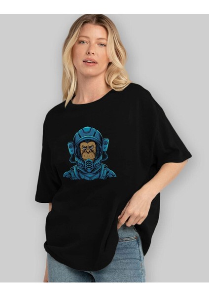 Astromonkey Ön Baskılı Siyah Oversize T-Shirt Erkek Kadın Bisiklet Yaka fiyatları