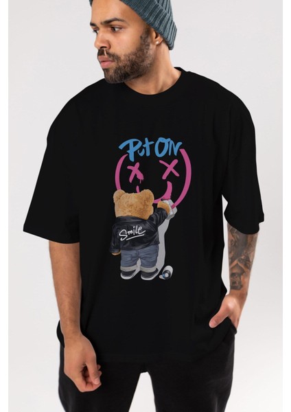 Put On Smile Bear Ön Baskılı Siyah Oversize T-Shirt Erkek Kadın Bisiklet Yaka