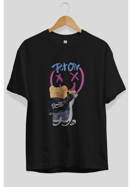 Put On Smile Bear Ön Baskılı Siyah Oversize T-Shirt Erkek Kadın Bisiklet Yaka