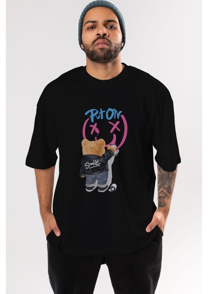 Put On Smile Bear Ön Baskılı Siyah Oversize T-Shirt Erkek Kadın Bisiklet Yaka