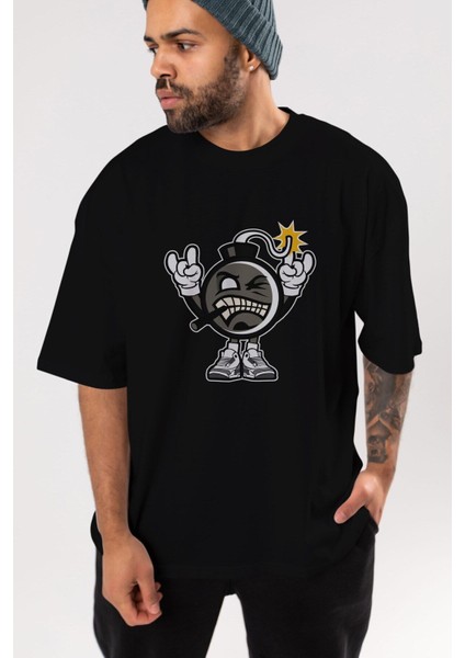 Evil Bomb Ön Baskılı Siyah Oversize T-Shirt Erkek Kadın Bisiklet Yaka