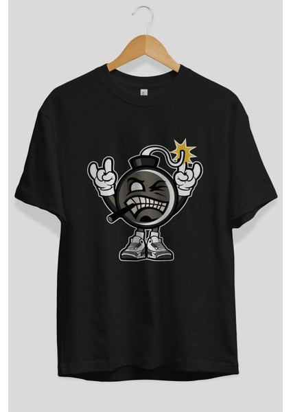 Evil Bomb Ön Baskılı Siyah Oversize T-Shirt Erkek Kadın Bisiklet Yaka fiyatları