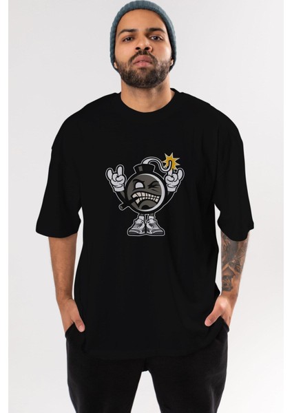 Evil Bomb Ön Baskılı Siyah Oversize T-Shirt Erkek Kadın Bisiklet Yaka modelleri