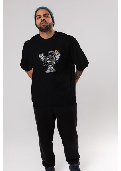 Evil Bomb Ön Baskılı Siyah Oversize T-Shirt Erkek Kadın Bisiklet Yaka indirimleri