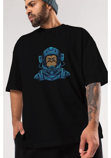 Astromonkey Ön Baskılı Siyah Oversize T-Shirt Erkek Kadın Bisiklet Yaka fırsatları