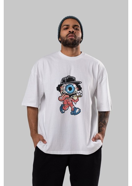 Eyeball Monster Ön Baskılı Beyaz Oversize T-Shirt Erkek Kadın Bisiklet Yaka