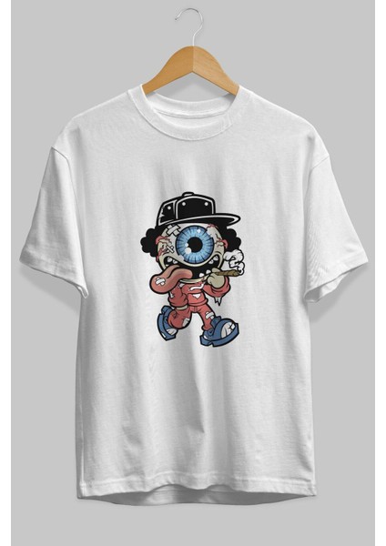 Eyeball Monster Ön Baskılı Beyaz Oversize T-Shirt Erkek Kadın Bisiklet Yaka fiyatları