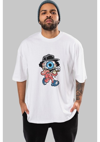 Eyeball Monster Ön Baskılı Beyaz Oversize T-Shirt Erkek Kadın Bisiklet Yaka modelleri