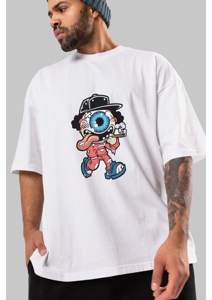 Eyeball Monster Ön Baskılı Beyaz Oversize T-Shirt Erkek Kadın Bisiklet Yaka fırsatları