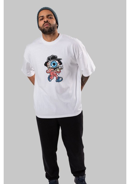 Eyeball Monster Ön Baskılı Beyaz Oversize T-Shirt Erkek Kadın Bisiklet Yaka indirimleri