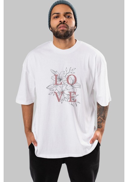 Love Yazılı Ön Baskılı Beyaz Oversize T-Shirt Erkek Kadın Bisiklet Yaka indirimleri