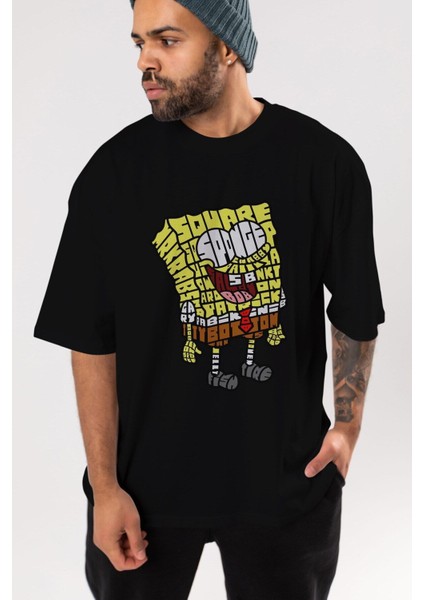 Yellow Sponge Ön Baskılı Siyah Oversize T-Shirt Erkek Kadın Bisiklet Yaka