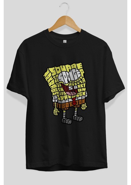 Yellow Sponge Ön Baskılı Siyah Oversize T-Shirt Erkek Kadın Bisiklet Yaka fiyatları