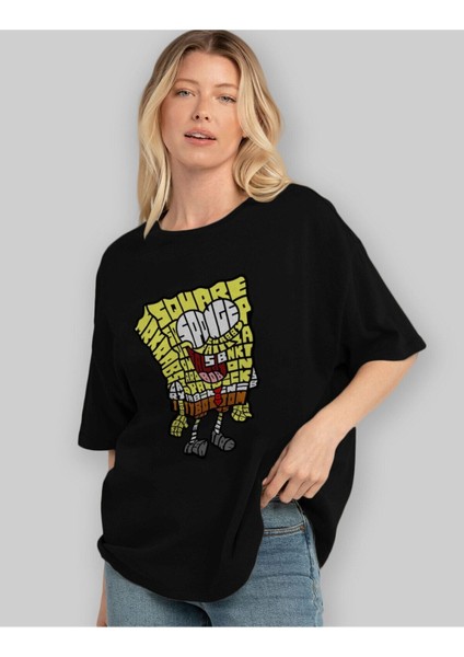 Yellow Sponge Ön Baskılı Siyah Oversize T-Shirt Erkek Kadın Bisiklet Yaka modelleri