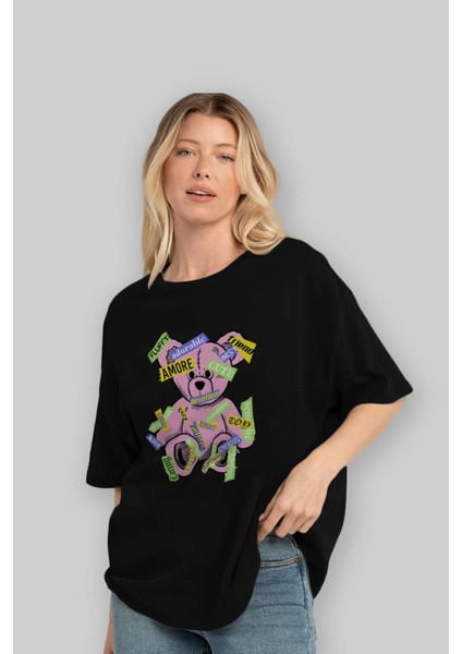 Teddy Bear Cute Ön Baskılı Siyah Oversize T-Shirt Erkek Kadın Bisiklet Yaka