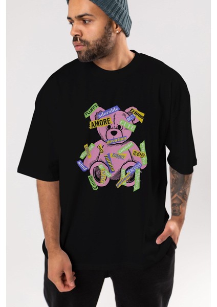 Teddy Bear Cute Ön Baskılı Siyah Oversize T-Shirt Erkek Kadın Bisiklet Yaka modelleri