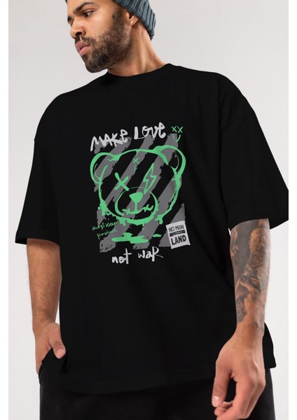 Make Love Bear Ön Baskılı Siyah Oversize T-Shirt Erkek Kadın Bisiklet Yaka