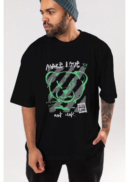 Make Love Bear Ön Baskılı Siyah Oversize T-Shirt Erkek Kadın Bisiklet Yaka fiyatları