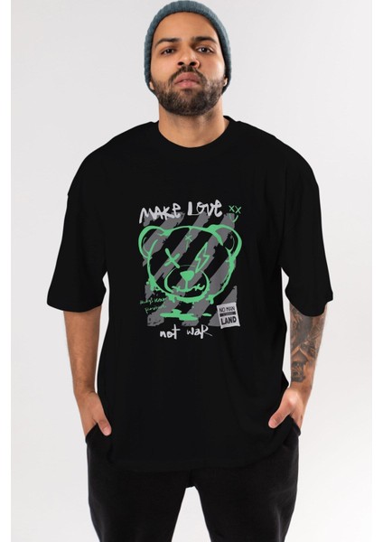 Make Love Bear Ön Baskılı Siyah Oversize T-Shirt Erkek Kadın Bisiklet Yaka modelleri
