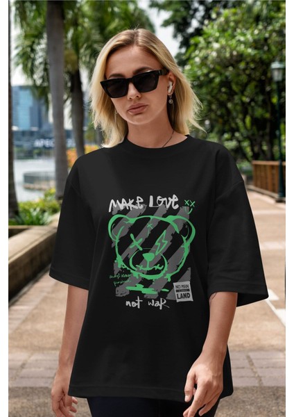 Make Love Bear Ön Baskılı Siyah Oversize T-Shirt Erkek Kadın Bisiklet Yaka fırsatları