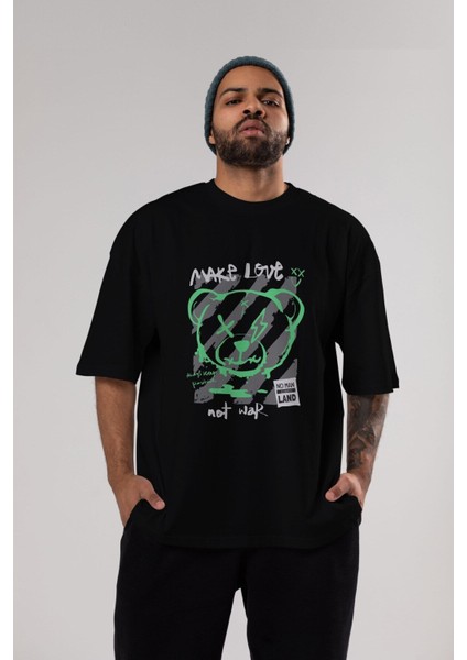 Make Love Bear Ön Baskılı Siyah Oversize T-Shirt Erkek Kadın Bisiklet Yaka indirimleri