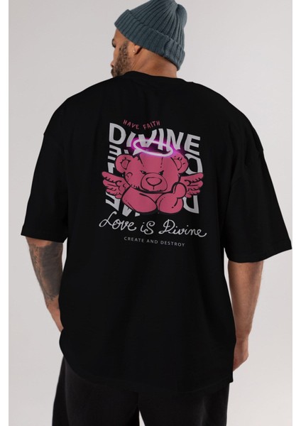 Love Is Divine Bear Arka Baskılı Siyah Oversize T-Shirt Erkek Kadın Bisiklet Yaka