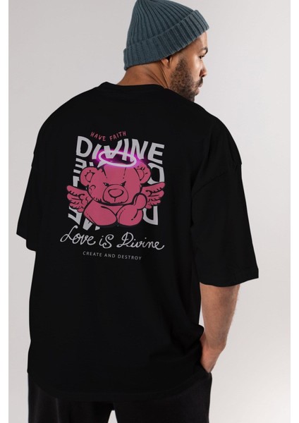 Love Is Divine Bear Arka Baskılı Siyah Oversize T-Shirt Erkek Kadın Bisiklet Yaka modelleri