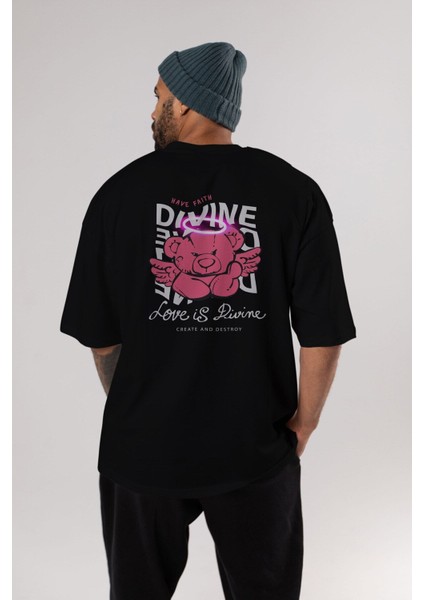 Love Is Divine Bear Arka Baskılı Siyah Oversize T-Shirt Erkek Kadın Bisiklet Yaka fırsatları