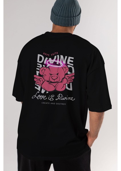 Love Is Divine Bear Arka Baskılı Siyah Oversize T-Shirt Erkek Kadın Bisiklet Yaka indirimleri