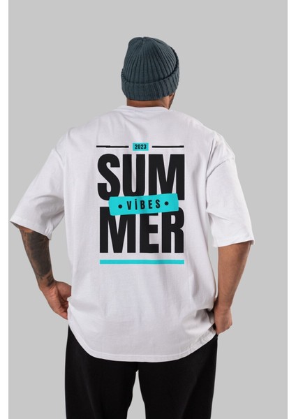 Summer Vibes 2 Arka Baskılı Beyaz Oversize T-Shirt Erkek Kadın Bisiklet Yaka