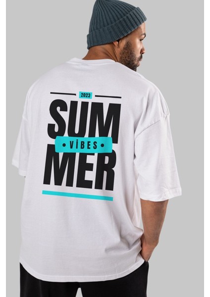 Summer Vibes 2 Arka Baskılı Beyaz Oversize T-Shirt Erkek Kadın Bisiklet Yaka fiyatları