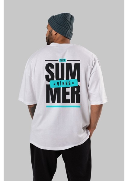 Summer Vibes 2 Arka Baskılı Beyaz Oversize T-Shirt Erkek Kadın Bisiklet Yaka modelleri